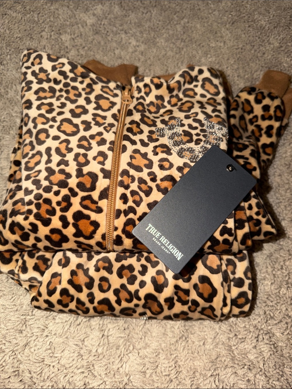 True Religion Kids Leopard Print Teddy Zip Jacket in Tan and Black